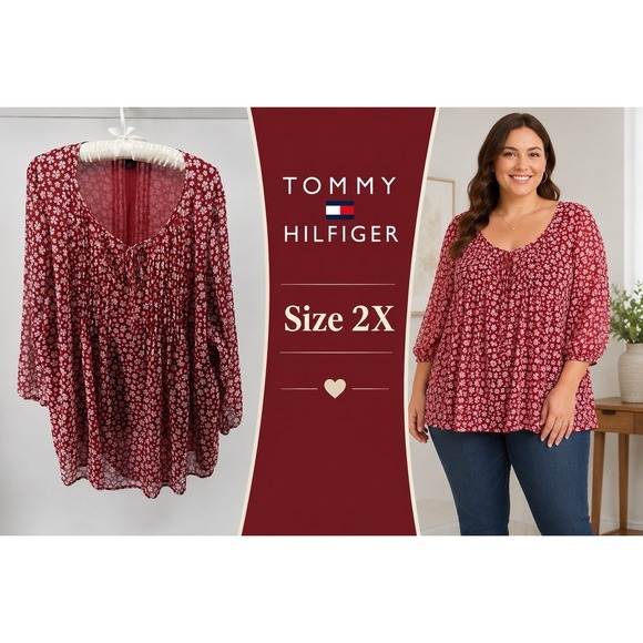 Tommy Hilfiger Tops - Tommy Hilfiger 2X Red Floral Peasant Blouse Boho Flowy Fall Sheer Chic Top